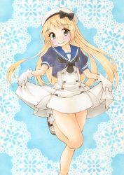Rule 34 | 1girl, absurdres, black eyes, blonde hair, blue background, blue sailor collar, commentary request, dress, feet out of frame, furuta tomohiro, gloves, hat, highres, jervis (kancolle), kantai collection, long hair, marker (medium), mary janes, sailor collar, sailor dress, sailor hat, shoes, skirt hold, smile, solo, standing, standing on one leg, traditional media, white dress, white gloves, white hat