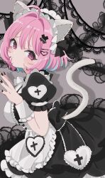 Rule 34 | 1girl, ahoge, alternate color, alternate costume, animal ears, apron, aqua hair, black dress, black nails, black ribbon, black theme, blush stickers, bob cut, breasts, cat ears, closed mouth, colored inner hair, commentary, cross print, dot mouth, dress, enmaided, fingernails, frilled apron, frilled headwear, frilled sleeves, frills, gothic lolita, grey background, hair intakes, hair ornament, hairclip, heart, heart hair ornament, highres, idolmaster, idolmaster cinderella girls, idolmaster cinderella girls starlight stage, lace background, large breasts, lolita fashion, looking back, maid, maid headdress, multicolored hair, nail polish, pink eyes, pink hair, ribbon, ribbon-trimmed headwear, ribbon trim, short sleeves, solo, sukoyaka (100hituzi), tail, two-tone hair, white apron, white headdress, white wrist cuffs, wrist cuffs, x hair ornament, yumemi riamu
