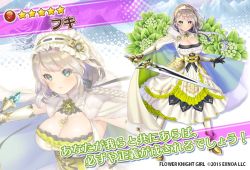 Rule 34 | 1girl, braid, braided ponytail, breasts, character name, cleavage, copyright name, costume request, dmm, floral background, flower knight girl, fuki (flower knight girl), full body, gauntlets, green eyes, headdress, holding, holding sword, holding weapon, light brown hair, long hair, long skirt, looking at viewer, multiple views, name connection, object namesake, official art, projected inset, skirt, smile, standing, star (symbol), sword, weapon
