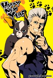 Rule 34 | 1boy, 2018, artist name, bare shoulders, blue eyes, blue shirt, chinese zodiac, dog, english text, from side, grin, hand up, happy new year, iggy (jojo), jean pierre polnareff, jojo no kimyou na bouken, kotatsu (g-rough), looking at viewer, male focus, muscular, new year, paw print, pompadour, shirt, silver hair, smile, stardust crusaders, upper body, wristband, year of the dog, yellow background