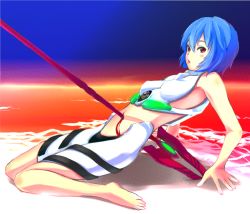 Rule 34 | 1girl, arm support, ayanami rei, bad id, bad pixiv id, barefoot, blood, blue hair, guro, impaled, kazufumi (kaz-newt), lcl, leaning back, midriff, neon genesis evangelion, ocean, plugsuit, polearm, red eyes, short hair, solo, spear, weapon
