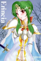 Rule 34 | 1girl, blush, character name, copyright name, elincia ridell crimea, female focus, fire emblem, fire emblem: radiant dawn, green hair, hissaa (starlight express), nintendo, red eyes, sky, solo, tagme