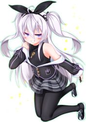 Rule 34 | 1girl, black footwear, black jacket, black pantyhose, black ribbon, black shirt, blue eyes, blush, blush stickers, breasts, cellphone, character request, full body, green outline, grey skirt, grin, hair between eyes, hair ribbon, hand up, highres, holding, holding phone, jacket, kirisame mia, long hair, long sleeves, looking at viewer, off shoulder, open clothes, open jacket, outline, pantyhose, phone, ribbed shirt, ribbon, shirt, shoes, silver hair, skirt, sleeveless, sleeveless shirt, sleeves past wrists, small breasts, smile, solo, star (symbol), two side up, v-shaped eyebrows, very long hair, vrchat, white background