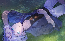 Rule 34 | 1boy, blue eyes, bracelet, closed mouth, commentary request, creatures (company), game freak, grass, grey hair, hand on own stomach, highres, jewelry, looking at viewer, lying, male focus, necklace, nintendo, official alternate costume, on back, open clothes, outdoors, pokemon, pokemon masters ex, ring, shade, short sleeves, shorts, solo, steven stone, steven stone (summer 2020), sunglasses, white shorts, zeroki (izuno)