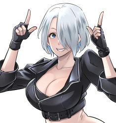 Rule 34 | 1girl, angel (kof), bra, breasts, butcha-u, close-up, cropped jacket, horns pose, fingerless gloves, gloves, hair over one eye, hand up, highres, index finger raised, jacket, large breasts, leather, looking at viewer, open mouth, simple background, snk, solo, the king of fighters, the king of fighters 2001, the king of fighters xiv, underwear, upper body, white background