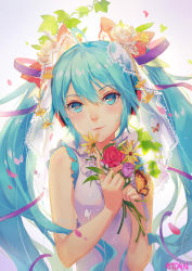 Rule 34 | 1girl, ahoge, animal, artist name, atdan, bad id, bad pixiv id, bare arms, bare shoulders, blue eyes, blue hair, blush, bug, butterfly, closed mouth, dress, eyelashes, flower, grey background, hatsune miku, headphones, heart, heart-shaped pupils, highres, holding, holding flower, index finger raised, insect, ivy, lips, long hair, matching hair/eyes, md5 mismatch, plant, purple dress, red flower, red rose, rose, see-through, simple background, sleeveless, sleeveless dress, smile, solo, symbol-shaped pupils, tsurime, twintails, veil, very long hair, vocaloid, w arms