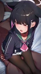 Rule 34 | 1boy, 1girl, absurdres, bed sheet, black hair, black jacket, black pantyhose, blue archive, cat, censored, colored inner hair, girl on top, hair ornament, hairclip, halo, hetero, highres, jacket, kazusa (blue archive), long sleeves, lying, mosaic censoring, multicolored hair, on back, open mouth, pantyhose, penis, pink hair, red eyes, short hair, skirt, solo focus, thigh sex, waku2kitchen, white skirt
