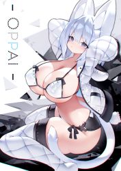 Rule 34 | 1girl, animal ear fluff, animal ears, arms behind head, bikini, blush, bow, breasts, cat ears, cat girl, cat tail, covered erect nipples, from side, grey eyes, hair between eyes, highres, hood, huge breasts, jacket, looking at viewer, mamuru, original, ribbon, short hair, sitting, solo, swimsuit, tail, thighhighs, thighs, wariza, white bikini, white hair, white jacket, white thighhighs