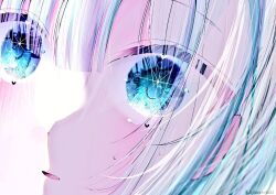 Rule 34 | 1girl, blue eyes, blue hair, blush, close-up, commentary request, eye focus, hair between eyes, heart, light blue hair, looking at viewer, original, oshi no ko, parted lips, shade, sidelighting, sidelocks, solo, twitter username, yuuki hina