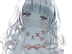 Rule 34 | 1girl, backlighting, blush, bow, close-up, covered mouth, female focus, grey eyes, highres, hug, long hair, looking at viewer, niito, hugging object, original, silver hair, simple background, smile, solo, stuffed animal, stuffed toy, upper body, white background