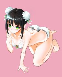 Rule 34 | 1girl, all fours, ass, bad id, bad pixiv id, barefoot, bikini, black hair, blush, breasts, bun cover, chinese clothes, collarbone, double bun, fate/grand order, fate (series), finger to mouth, full body, green eyes, hair bun, highres, looking at viewer, medium breasts, nose blush, parted lips, pink background, qin liangyu (fate), sidelocks, simple background, solo, swimsuit, white bikini, yuckey