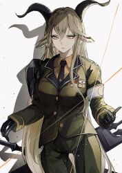 Rule 34 | 1girl, animal ear fluff, animal ears, arknights, armband, armor, asymmetrical sidelocks, black gloves, black necktie, blonde hair, breasts, bright pupils, buttons, chain, chromatic aberration, collared shirt, commentary request, cowboy shot, degenbrecher (arknights), double-parted bangs, drop shadow, epaulettes, expressionless, eyelashes, facing viewer, gloves, goat ears, goat girl, goat horns, green jacket, green pants, hair between eyes, hamaguri-san (hamagur69200744), hand on hilt, hands up, high collar, highres, horns, index finger raised, insignia, jacket, lapels, large breasts, light particles, lips, long bangs, long hair, long sleeves, looking afar, looking to the side, medal, military, military jacket, military uniform, multiple swords, multiple weapons, necktie, notched lapels, orange shirt, pants, parted lips, pauldrons, print armband, scabbard, shadow, sheath, sheathed, shirt, shoulder armor, shoulder pads, sidelocks, sideways glance, simple background, single epaulette, single pauldron, solo, straight hair, string, sword, teeth, uniform, very long hair, weapon, white armband, white background, white pupils, wing collar, yellow eyes