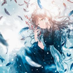 Rule 34 | 1girl, brown hair, collared dress, dress, falling feathers, feathers, fingernails, from above, highres, hiten (hitenkei), long fingernails, long hair, long sleeves, lying, on side, see-through, snowing, solo