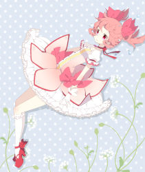 Rule 34 | 10s, 1girl, bad id, bad pixiv id, bubble skirt, choker, floating, floral background, frills, gloves, kaname madoka, kneehighs, magical girl, mahou shoujo madoka magica, mahou shoujo madoka magica (anime), pink eyes, pink hair, polka dot, polka dot background, puffy sleeves, shoes, short hair, short twintails, skirt, socks, solo, tears, toma tokage, twintails, white gloves, white socks