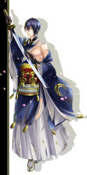 Rule 34 | 10s, 1boy, blue eyes, blue hair, full body, highres, japanese clothes, male focus, matching hair/eyes, mikazuki munechika, off shoulder, personification, petals, ringo ame, sandals, sayagata, solo, sword, tabi, tassel, torn clothes, touken ranbu, weapon