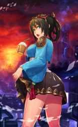 Rule 34 | 00s, 1girl, absurdres, black hair, blue jacket, breasts, brown skirt, cowboy shot, cup, disposable cup, drinking straw, dungeon and fighter, eruption, female focus, gradient background, green eyes, hair bun, hair ornament, hairstyle request, hanbok, highres, jacket, korean clothes, korean traditional hat, lava, lifting own clothes, lightning, lightning bolt symbol, looking at viewer, looking back, medium breasts, miniskirt, outdoors, overcast, pleated skirt, puyon (pixiv), puyon (puyon), ria richter, short hair, skirt, sky, solo, standing, volcano, wide sleeves