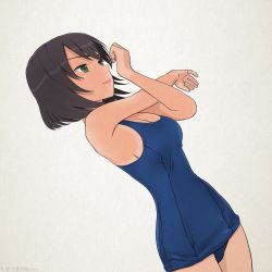 Rule 34 | 10s, 1girl, akagi (fmttps), blue one-piece swimsuit, breasts, brown hair, cleavage, commentary request, dark-skinned female, dark skin, dutch angle, girls und panzer, green eyes, grey background, hoshino (girls und panzer), lips, looking to the side, medium breasts, old school swimsuit, one-piece swimsuit, school swimsuit, short hair, solo, standing, stretching, swimsuit, twitter username
