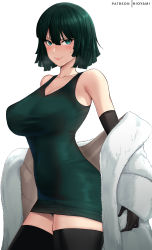 Rule 34 | 1girl, absurdres, artist name, bare shoulders, black dress, black gloves, black hair, black thighhighs, blush, bob cut, breasts, closed mouth, coat, covered navel, cowboy shot, dress, elbow gloves, fubuki (one-punch man), fur coat, gloves, green dress, green hair, hair between eyes, highres, hioyami, large breasts, off shoulder, one-punch man, patreon username, short hair, simple background, smile, solo, sweat, taut clothes, taut dress, thighhighs, thighs, v-shaped eyebrows, white background, white coat