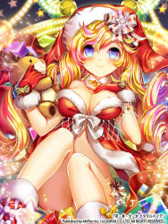 Rule 34 | 1girl, blonde hair, blue eyes, blush, boots, bottomless, bow, breasts, character request, christmas, cleavage, esphy, fur trim, gift, gloves, hat, hen-shin-shou-jo metamol maiden, long hair, navel, red gloves, santa hat, sitting, smile, solo, stuffed toy