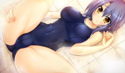 Rule 34 | 1girl, atelier kaguya, blue hair, blue one-piece swimsuit, blush, breasts, breasts apart, cameltoe, covered navel, cowboy shot, dutch angle, fingernails, from above, frown, game cg, hand on thigh, impossible clothes, impossible swimsuit, indoors, large breasts, long fingernails, looking at viewer, lying, manaka marina, on back, on floor, one-piece swimsuit, parted bangs, school swimsuit, short hair, solo, sperman -sono fukushuu no maku wo yabure!!-, spread legs, super dry (super dry rr), swimsuit, thighs, tile floor, tiles, water, wet, wide hips, yellow eyes
