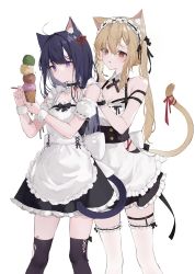 Rule 34 | 2girls, ahoge, animal ear fluff, animal ears, apron, bandaid, bandaid on leg, bare shoulders, behind another, black thighhighs, blonde hair, blue hair, bow, bracelet, breasts, brown eyes, buttons, cat ears, cat girl, cat tail, character request, choker, cleavage, copyright request, dark blue hair, detached sleeves, dot nose, dress bow, food, frilled apron, frilled choker, frilled thighhighs, frills, garter straps, hair between eyes, hair bow, hair ornament, hairclip, hands on another&#039;s shoulders, highres, holding, holding food, holding spoon, ice cream, ice cream cone, jewelry, light blush, long hair, maid, maid apron, maid headdress, medium breasts, multiple girls, parted lips, purple eyes, red bow, red ribbon, ribbon, ribbon-trimmed bow, ribbon-trimmed sleeves, ribbon trim, see-through, see-through legwear, short sleeves, simple background, single garter strap, single sidelock, spoon, standing, suashi, tail, tail ornament, tail ribbon, thighhighs, twintails, white apron, white background, white bow, white thighhighs