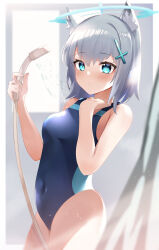 Rule 34 | 1girl, absurdres, animal ear fluff, animal ears, bare arms, bare shoulders, blue archive, blue eyes, blue one-piece swimsuit, blurry, blurry background, blush, breasts, closed mouth, commentary request, covered navel, depth of field, grey hair, hair between eyes, hair ornament, halo, hands up, highres, holding, looking at viewer, nohohon neko, official alternate costume, one-piece swimsuit, shiroko (blue archive), shiroko (swimsuit) (blue archive), shower head, small breasts, solo, swimsuit, wolf ears