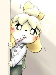 Rule 34 | 1girl, ?, animal crossing, animal ears, bell, black sclera, blonde hair, blush, blush stickers, colored sclera, dog ears, eating, female focus, furry, furry female, furuya muku, green skirt, hair bell, hair ornament, hair tie, hand up, isabelle (animal crossing), jingle bell, jpeg artifacts, long sleeves, looking at viewer, mouth hold, nintendo, shirt, short hair, simple background, skirt, solo, standing, white eyes, white shirt