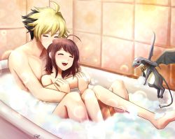 Rule 34 | 1boy, 1girl, bath, bathing, bathroom, bathtub, blonde hair, breasts, breasts squeezed together, brown hair, bubble, closed eyes, couple, feet up, happy, height difference, highres, hug, hug from behind, kido hyde, kiss, kissing forehead, legs, light brown hair, linne, nude, open mouth, pet, same-sex bathing, shared bathing, short hair, small breasts, smile, thighs, under night in-birth