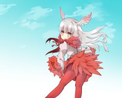 Rule 34 | 10s, 1girl, a-lapin, absurdres, bird tail, blue sky, blunt bangs, chestnut mouth, cloud, cloudy sky, commentary request, day, fang, feathers, feet out of frame, from behind, gloves, hair intakes, head wings, highres, japanese crested ibis (kemono friends), jitome, kemono friends, kneepits, leaning forward, long hair, long sleeves, looking at viewer, looking back, miniskirt, multicolored hair, open mouth, outdoors, outstretched arms, outstretched legs, pantyhose, petite, pleated skirt, raised eyebrows, red feathers, red gloves, red hair, red pantyhose, red skirt, skirt, sky, solo, tail, two-tone hair, upskirt, white hair, wide sleeves, wings, yellow eyes