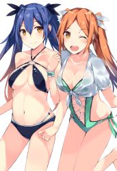 Rule 34 | 2girls, ;d, bad id, bad pixiv id, bikini, black bikini, blue hair, breasts, brown hair, casual one-piece swimsuit, character request, cleavage, dual persona, green one-piece swimsuit, kurebayashi noe, long hair, medium breasts, multiple girls, navel, one-piece swimsuit, one eye closed, open mouth, orange eyes, phantasy star, phantasy star online 2, quna (pso2), shirt, smile, swimsuit, tied shirt, twintails, underboob