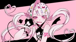 Rule 34 | 1girl, bad id, bad twitter id, black gloves, blush, crescent, crescent hair ornament, dear: (utaite), demon tail, fang, fingerless gloves, floating hair, gloves, hair ornament, hairclip, highres, indie utaite, mask pull, nail polish, original, pink eyes, pink hair, pink nails, solo, star (symbol), star hair ornament, tail, twintails, utaite, vampire (vocaloid), vocaloid, xoco