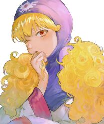 Rule 34 | 1girl, absurdres, blonde hair, blush, colored eyelashes, curly hair, dragon quest, dragon quest ii, eyelashes, highres, hood, long hair, long sleeves, mari-mason, one eye closed, parted lips, princess of moonbrook, red eyes, robe, solo, white background