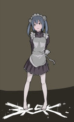 Rule 34 | 3ldkm, apron, arms behind back, blue hair, blush, hayane, maid, maid apron, pale skin, solo, twintails