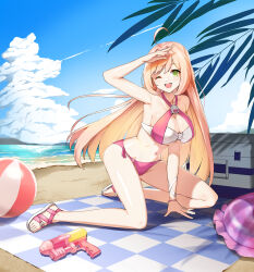 Rule 34 | 1girl, ;d, ahoge, arm up, armpits, ball, bare arms, bare legs, bare shoulders, beach, beach mat, beachball, bikini, blonde hair, breasts, cleavage, closers, collarbone, criss-cross halter, feet, green eyes, halterneck, highres, kneeling, large breasts, legs, long hair, looking at viewer, navel, official art, one eye closed, open mouth, outdoors, pink bikini, sandals, shading eyes, side-tie bikini bottom, smile, solo, soma (closers), stomach, swimsuit, thighs, toes, two-tone bikini, very long hair, water gun, white bikini