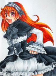 Rule 34 | 1girl, ao (yashuring), bow, dress, fang, frills, gothic lolita, highres, lina inverse, lolita fashion, looking at viewer, open mouth, orange hair, red eyes, shawl, simple background, slayers, solo, traditional media, yashuring
