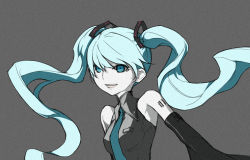 Rule 34 | 1girl, :d, aqua hair, collared shirt, detached sleeves, female focus, floating hair, grey background, grey shirt, hair ornament, hatsune miku, kazuoki, long hair, necktie, open mouth, pale skin, partially colored, shirt, simple background, smile, solo, tattoo, twintails, vocaloid