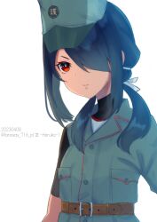 Rule 34 | 1girl, belt, black hair, green headwear, hair over one eye, hair over shoulder, haruka faraway716, highres, kantai collection, kumano maru (kancolle), long hair, military, military uniform, one-hour drawing challenge, red eyes, sidelocks, simple background, solo, undershirt, uniform, upper body, white background