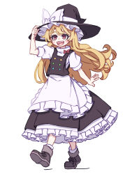 Rule 34 | 100th black market, 1girl, absurdres, apron, black footwear, black hat, black skirt, black vest, blonde hair, blush stickers, bow, buttons, frilled skirt, frills, full body, hat, hat bow, highres, kame (kamepan44231), kirisame marisa, long hair, multicolored buttons, one-hour drawing challenge, red eyes, shirt, shoes, short sleeves, simple background, skirt, solo, touhou, vest, waist apron, white apron, white background, white bow, white shirt, witch hat