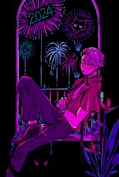 Rule 34 | 1boy, 2024, black background, black footwear, black pants, black socks, closed eyes, collared shirt, fireworks, foot out of frame, from side, glasses, hand on own stomach, knee up, male focus, necktie, night, night sky, pants, partially unbuttoned, pavia (reverse:1999), plant, red skirt, reverse:1999, sakita pani, shirt, short hair, short sleeves, sitting, sitting in window, skirt, sky, sleeping, socks, solo, swept bangs, undone necktie, white hair