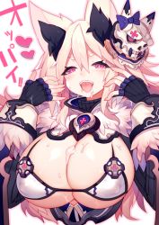 Rule 34 | 1girl, animal ear fluff, animal ears, bikini, black gloves, blush, breasts, cleavage, covered erect nipples, fangs, fingerless gloves, fox ears, fur trim, gloves, hair ornament, highres, huge breasts, long hair, mamuru, open mouth, original, pink eyes, pink hair, simple background, skull, solo, suggestive fluid, swimsuit, tongue, tongue out, upper body, white background