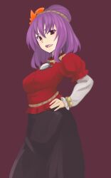 Rule 34 | 1girl, black skirt, breasts, commentary, hair ornament, hand on own hip, highres, kakone, layered sleeves, leaf hair ornament, long sleeves, looking at viewer, medium breasts, mirror, one-hour drawing challenge, open mouth, purple hair, red background, red eyes, red shirt, shirt, short hair, short over long sleeves, short sleeves, simple background, skirt, solo, touhou, yasaka kanako