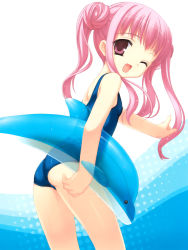 Rule 34 | 1girl, ;d, ass, double bun, empty x embryo, fushimi makina, highres, inflatable dolphin, inflatable toy, looking back, muririn, one-piece swimsuit, one eye closed, open mouth, pink eyes, pink hair, school swimsuit, smile, solo, swimsuit, twintails, wink