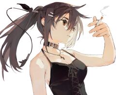 Rule 34 | 1girl, baifeidaiwang, bare shoulders, black collar, black dress, breasts, brown eyes, brown hair, cigarette, collar, cross, cross necklace, dress, hair ornament, hairclip, highres, holding, holding cigarette, jewelry, long hair, looking to the side, minakami yuki, necklace, parted lips, ponytail, simple background, small breasts, smoking, solo, subarashiki hibi, upper body, white background