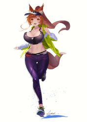 Rule 34 | 1girl, :3, :d, absurdres, animal ear fluff, animal ears, bouncing breasts, breasts, brown hair, commentary, english commentary, fox ears, fox girl, fox tail, fubuki (fakemonkey0224), full body, green jacket, hair ornament, hairclip, high ponytail, highres, jacket, large breasts, leg up, long hair, long sleeves, navel, open clothes, open jacket, open mouth, orange eyes, original, pants, ponytail, puffy long sleeves, puffy sleeves, purple pants, running, shoes, signature, simple background, smile, solo, sports bra, swimsuit, tail, thick eyebrows, very long hair, visor cap, white background, zipper, zipper pull tab