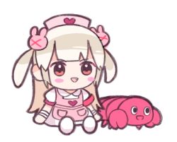 Rule 34 | 1girl, apron, armband, bandaged wrist, bandages, blonde hair, blunt bangs, chibi, collared dress, commentary request, dress, fang, full body, hair ornament, hat, lobster, long hair, natori sana, nurse cap, open mouth, pink apron, pink eyes, puffy short sleeves, puffy sleeves, rabbit hair ornament, red armband, sana channel, short sleeves, simple background, sitting, smile, solo, two side up, uekusa wataru, virtual youtuber, white background, white dress