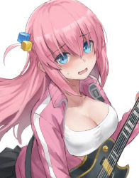 Rule 34 | black skirt, blue eyes, blush, bocchi the rock!, breasts, cleavage, cube hair ornament, electric guitar, gotoh hitori, guitar, hair between eyes, hair ornament, highres, holding, holding instrument, instrument, jacket, large breasts, long hair, one side up, open clothes, open jacket, open mouth, pink hair, pink jacket, pink track suit, pleated skirt, shaded face, shirt, skirt, sweat, tonee, track jacket, white shirt