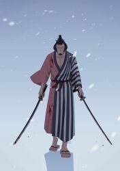 Rule 34 | 1boy, black hair, blood, blood on clothes, commentary request, dual wielding, facial hair, full body, goatee, hasami (hasami25), highres, holding, holding sword, holding weapon, japanese clothes, katana, kimono, kinemon, long sideburns, looking at viewer, male focus, one piece, outdoors, samurai, sandals, short hair, sideburns, snow, snowing, solo, sword, teeth, topknot, weapon