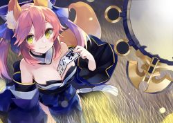 Rule 34 | 10s, 1girl, animal ears, bare shoulders, between breasts, blush, bow, breasts, cleavage, detached sleeves, fate/extra, fate (series), fox ears, fox tail, hair bow, hair ribbon, japanese clothes, kou mashiro, large breasts, looking at viewer, looking up, mirror, pink hair, ribbon, smile, solo, suiten nikkou amaterasu yanoshisu ishi, tail, tamamo (fate), tamamo no mae (fate/extra), twintails, yellow eyes