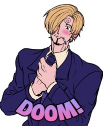Rule 34 | 1boy, adjusting clothes, adjusting necktie, blonde hair, blue jacket, blue suit, blush, cigarette, curly eyebrows, english text, engrish text, facial hair, highres, jacket, long sleeves, male focus, mouth hold, necktie, one piece, ranguage, rita ya, sanji (one piece), shirt, short hair, solo, suit, white background, white shirt