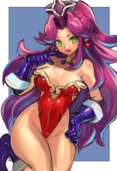 Rule 34 | 1girl, absurdres, angela (seiken densetsu 3), bare shoulders, breasts, cleavage, dakusuta, gloves, green eyes, hand on own hip, hat, highres, leotard, long hair, looking at viewer, open mouth, pointy ears, purple hair, red leotard, seiken densetsu, seiken densetsu 3, solo, thighs, very long hair